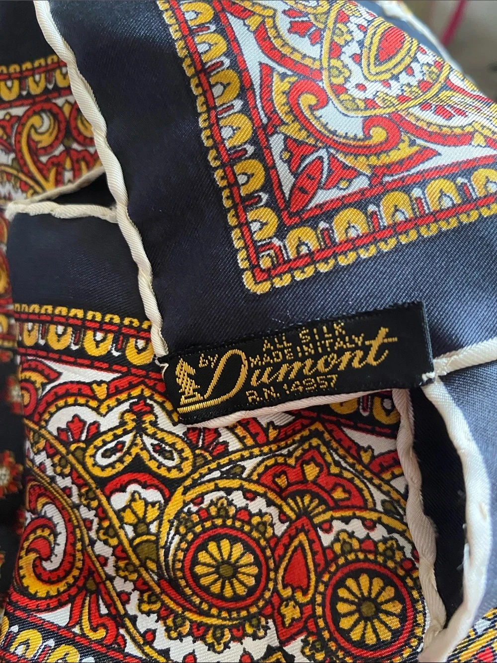 Dumont Vintage Men's Black Silk Paisley-Neck Scarf with Red & Gold Accents